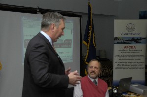In April, John Kirby (l), chapter president, thanks Wood for serving as the featured speaker during the meeting.